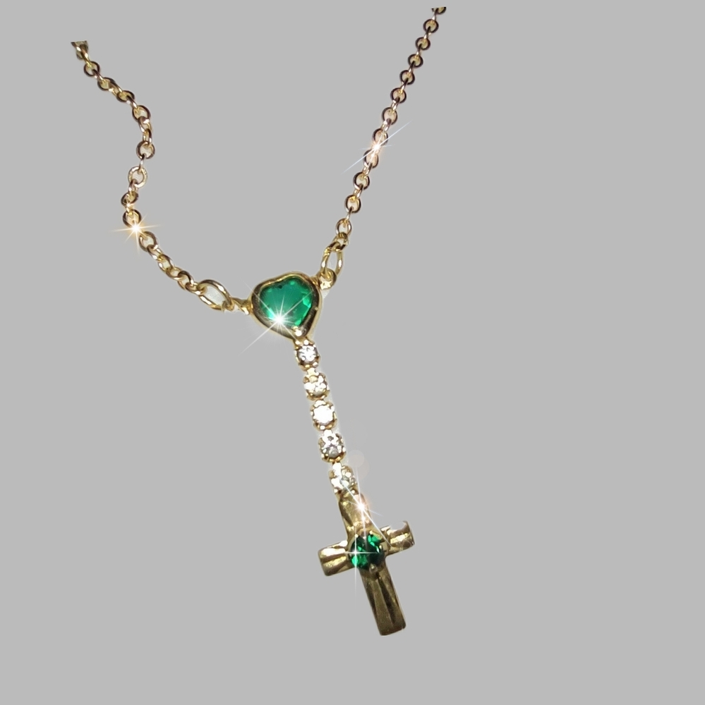 Emerald Green Heart + Connected Dangling Gold Cross Necklace - Picture 13 of 15